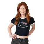 Hello Kitty Character Face Outline Crew Neck Short Sleeve Women's Black Crop Top Baby Tee Medium