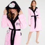 Hello Kitty Women Robe, Fleece Dressing Gown with Hood, Pockets – Gifts for Her (Pink/Black, M)