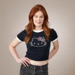 Hello Kitty Character Face Outline Crew Neck Short Sleeve Women's Black Crop Top Baby Tee Medium