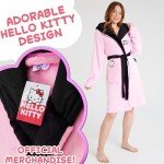 Hello Kitty Women Robe, Fleece Dressing Gown with Hood, Pockets – Gifts for Her (Pink/Black, M)