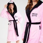 Hello Kitty Women Robe, Fleece Dressing Gown with Hood, Pockets – Gifts for Her (Pink/Black, M)