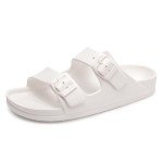 FUNKYMONKEY Women's Comfort Slides Double Buckle Adjustable EVA Flat Sandals (7 M US-Women, White)