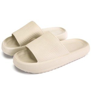 rosyclo Cloud Slides for Women and Men, Pillow House Slippers Super Soft Comfy Non-Slip Massage Bathroom Shower Shoes Cloud Cushion Slide Sandals for Indoor Outdoor, Tan Beige Nude