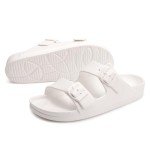 FUNKYMONKEY Women's Comfort Slides Double Buckle Adjustable EVA Flat Sandals (7 M US-Women, White)