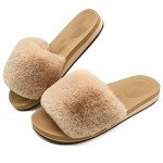 COFACE Womens Slides Fuzzy House Slippers for Women Open Toe Fluff Slippers With Arch Support Plantar Fasciitis Orthotic Slippers Women House Shoes Indoor Size 8