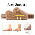KIDMI Fuzzy Slippers Women with Cork Footbed Fluffy Slides Open Toe Indoor House Shoes | Arch Support | Adjustable Buckles, Khaki 8-8.5