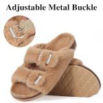 KIDMI Fuzzy Slippers Women with Cork Footbed Fluffy Slides Open Toe Indoor House Shoes | Arch Support | Adjustable Buckles, Khaki 8-8.5