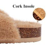 KIDMI Fuzzy Slippers Women with Cork Footbed Fluffy Slides Open Toe Indoor House Shoes | Arch Support | Adjustable Buckles, Khaki 8-8.5