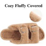 KIDMI Fuzzy Slippers Women with Cork Footbed Fluffy Slides Open Toe Indoor House Shoes | Arch Support | Adjustable Buckles, Khaki 8-8.5