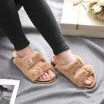 KIDMI Fuzzy Slippers Women with Cork Footbed Fluffy Slides Open Toe Indoor House Shoes | Arch Support | Adjustable Buckles, Khaki 8-8.5