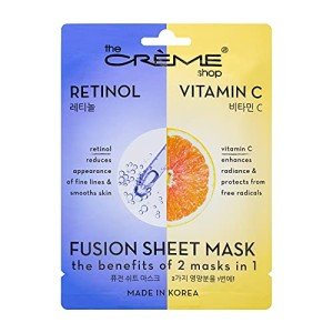 The Crème Shop Retinol & Vitamin C Fusion Sheet Mask, Korean Sheet Mask, Anti-Aging Face Mask Brightens and Plumps Skin, Vitamin C Sheet Mask with Hyaluronic Acid and Retinol (5 Pack)