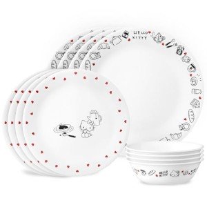 Corelle Vitrelle Hello Kitty 12-PC Dinnerware Set, Service for 3, Triple Layered Glass, Anti-Chip Durable Lightweight Plate and Bowl Set