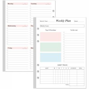 Weekly Planner Refills for A5 Binders - 53 Sheets/106 Pages Undated Colorful Weekly Planner, 6-Hole Punched, 100 gsm White Paper, Lasts 1 Year, Undated, 5.8" x 8.3"