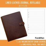Fan&Ran Refillable Leather Journal Lined Paper, A5 Leather Binder Organizer for Men and Women, 100 Sheets, Brown