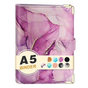 A5 Refillable 6 Ring Faux Leather Budget Binder,Mini Notebook Binder Cover for A5 Filler Paper,Loose Leaf Personal Planner Cover with Magnetic Buckle Closure(Marble Purple)