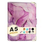 A5 Refillable 6 Ring Faux Leather Budget Binder,Mini Notebook Binder Cover for A5 Filler Paper,Loose Leaf Personal Planner Cover with Magnetic Buckle Closure(Marble Purple)