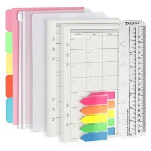 Harphia A5 6 Holes Binder Refill Value Set, 90sheets monthly plan loose leaf paper with stickers and dividers, planner insert with binder pockets for A5 binder 6 holes refillable notebook,005da5month