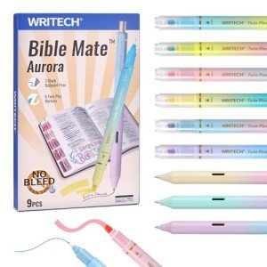 WRITECH Bible Mate Journaling Set: No Bleed Aesthetic Highlighters & 1.0 mm Black Ballpoint Pens, Bible Safe Dual Tip Highlighters, Pastel Colors, Fast-drying Ink, Bible Journaling Kit, 9ct