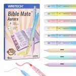 WRITECH Bible Mate Journaling Set: No Bleed Aesthetic Highlighters & 1.0 mm Black Ballpoint Pens, Bible Safe Dual Tip Highlighters, Pastel Colors, Fast-drying Ink, Bible Journaling Kit, 9ct