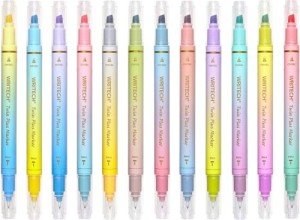 WRITECH Dual Tip Highlighter Markers: Aesthetic Fine & Chisel Tip Assorted Pastel Colors Marker Multicolor Pens Pack for Bible Highlighting Journaling Drawing 12ct