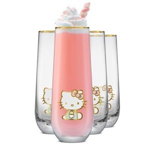 JoyJolt Hello Kitty Stay Gold Stemless Flutes, 9.4oz Drinking Glasses Set of 4, Sanrio Highball Glasses, Kawaii Hello Kitty Kitchen Glass Set Ideal for Water Juice Smoothies, Skinny Tall Glasses