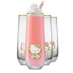 JoyJolt Hello Kitty Stay Gold Stemless Flutes, 9.4oz Drinking Glasses Set of 4, Sanrio Highball Glasses, Kawaii Hello Kitty Kitchen Glass Set Ideal for Water Juice Smoothies, Skinny Tall Glasses