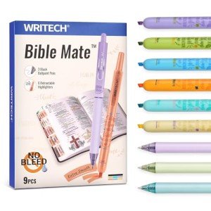 WRITECH Bible Mate Journaling Set: No Bleed Bible Highlighters & 0.7mm Black Ink Ballpoint Pens, Fast-Drying Ink, Pastel Colors Highlighter, Journaling Kit, 9ct