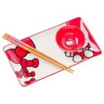 Silver Buffalo Sanrio Hello Kitty Red and White Bow Ceramic Sushi Set with Dipping Sauce Dish and Matching Chopsticks