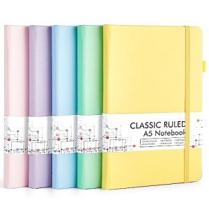 feela 5 Pack Notebooks Journals Bulk, Hardcover Classic Ruled Lined Journals with Pen Holder for Women Girls School Business Supplies, with 5 Black Pens, 120 GSM, 5.1”x8.3”, A5, Pastel Colors
