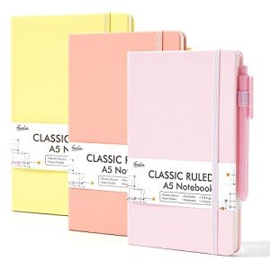 feela 3 Pack Hardcover Notebook For Women, Classic Ruled Lined Journal Set School Business Supplies, with 3 Black Pens, 120 GSM, 5.1”x8.3”, A5, Pastel Colors, Light Yellow, Light Pink, Pale Orange