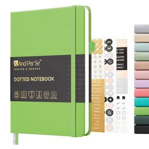 &And Per Se Dotted Journal Notebook, A5 Hardcover Leather Bullet Dotted Journal, 160 Pages 100 gsm Thick Dotted Paper，3 Sheets of Stickers Included - 5.7'' x 8'' (Pastel green)