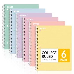 SUNEE Spiral Notebooks, 6 Pack, 1-Subject, College Ruled Paper, 8" x 10-1/2", 70 Sheets per Notebook, Assorted Pastel Colors Spiral Notebooks for School