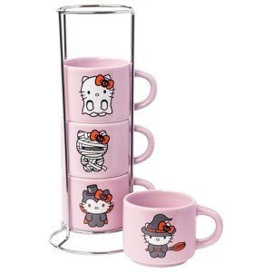 Silver Buffalo Sanrio Hello Kitty Halloween 4 Pack Stackable Ceramic Mug Set With Storage Rack, 3 Ounces