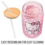Silver Buffalo Sanrio Hello Kitty Waving Pink Glass Jar Tumbler with Bamboo Lid and Glass Straw, 16 Ounces