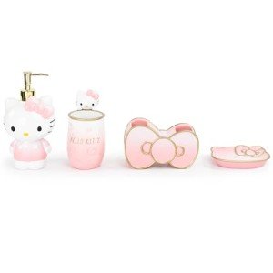 Jay Franco Hello Kitty Organizer Set - 4 Piece Pink Accessories Includes Resin Tumbler, Soap Dispenser, Soap Dish and Toothbrush Holder - Bathroom Décor