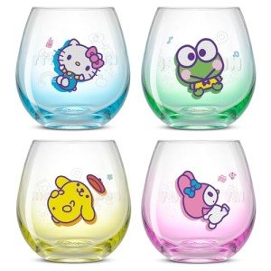 JoyJolt Hello Kitty & Friends Above the Clouds Stemless Drinking Glasses, 15 oz Ombre Glass Cup Set of 4 ft Hello Kitty Keroppi My Melody Pompompurin, Kawaii Kitchen Glassware Sets