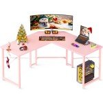 Casaottima L Shaped Gaming Desk, Corner Desk Gaming Table for Home Office, Computer Desk Sturdy Writing Workstation for Small Space, Easy to Assemble, 51 inch, Carbon Fiber Surface, Pink