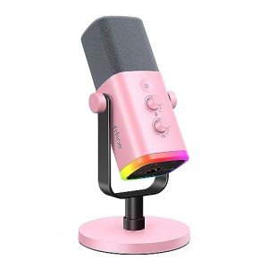 FIFINE XLR/USB Microphone, Gaming Recording PC Microphone with Headphones Jack, Mute Button, Dynamic RGB Mic for Computer, Streaming Mic for Podcasting Voice-Over YouTube Video-AmpliGame AM8 Pink