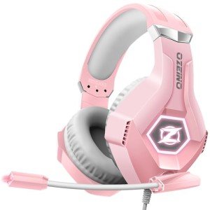 Ozeino Gaming Headset for PC, Ps4, Ps5, Xbox Headset with 7.1 Surround Sound, Gaming Headphones with Noise Cancelling Mic RGB Light Over Ear Headphones for Xbox Series X/S, Switch-Pink