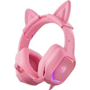 ZIUMIER Pink Gaming Headset with Detachable Cat Ears, Compatible with PS4 PS5 Xbox One PC Laptop, Over-Ear Headphones with LED Light, Noise Canceling Mic, Stereo Surround Sound