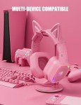 ZIUMIER Pink Gaming Headset with Detachable Cat Ears, Compatible with PS4 PS5 Xbox One PC Laptop, Over-Ear Headphones with LED Light, Noise Canceling Mic, Stereo Surround Sound