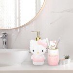 Jay Franco Hello Kitty Organizer Set - 4 Piece Pink Accessories Includes Resin Tumbler, Soap Dispenser, Soap Dish and Toothbrush Holder - Bathroom Décor