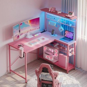 Bestier 42 L Gaming Desk,Computer Desk with Power Outlets, LED Lights, Reversible Corner Desk with 4-Tier Shelves,Cup Holder & Hook Carbon Fiber Pink