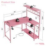 Bestier 42 L Gaming Desk,Computer Desk with Power Outlets, LED Lights, Reversible Corner Desk with 4-Tier Shelves,Cup Holder & Hook Carbon Fiber Pink