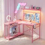 Bestier 42 L Gaming Desk,Computer Desk with Power Outlets, LED Lights, Reversible Corner Desk with 4-Tier Shelves,Cup Holder & Hook Carbon Fiber Pink