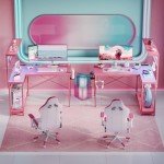 Bestier 42 L Gaming Desk,Computer Desk with Power Outlets, LED Lights, Reversible Corner Desk with 4-Tier Shelves,Cup Holder & Hook Carbon Fiber Pink