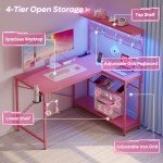 Bestier 42 L Gaming Desk,Computer Desk with Power Outlets, LED Lights, Reversible Corner Desk with 4-Tier Shelves,Cup Holder & Hook Carbon Fiber Pink