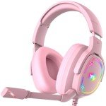 Jimonyer Gaming Headset for PC/PS4/PS5/Xbox One/Switch, Stereo Surround Sound Gaming Headphones with Noise Canceling Flexible Mic, Computer Headset with 3.5mm Jack & RGB Light(Pink)