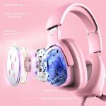 Jimonyer Gaming Headset for PC/PS4/PS5/Xbox One/Switch, Stereo Surround Sound Gaming Headphones with Noise Canceling Flexible Mic, Computer Headset with 3.5mm Jack & RGB Light(Pink)