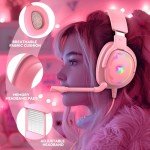 Jimonyer Gaming Headset for PC/PS4/PS5/Xbox One/Switch, Stereo Surround Sound Gaming Headphones with Noise Canceling Flexible Mic, Computer Headset with 3.5mm Jack & RGB Light(Pink)